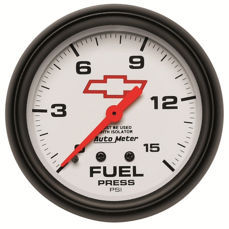 AutoMeter Gauge Fuel Press 2-5/8in. 15PSI Mech W/Isolator Chevy Red Bowtie White 5813-00406