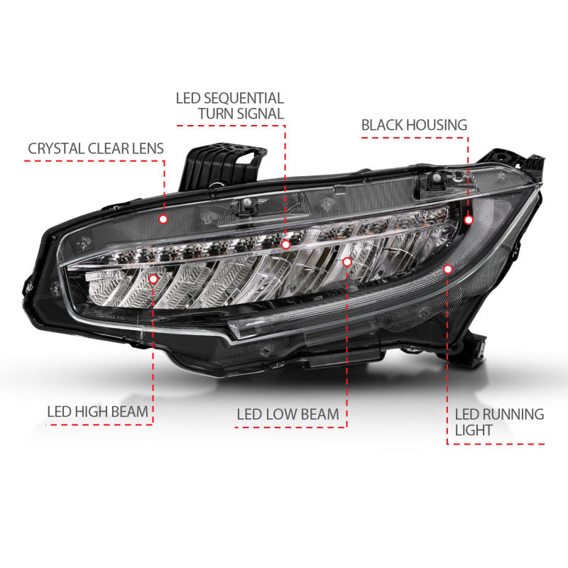 ANZO 16-17 Honda Civic Projector Headlights Plank Style Black w/Amber/Sequential Turn Signal 121527