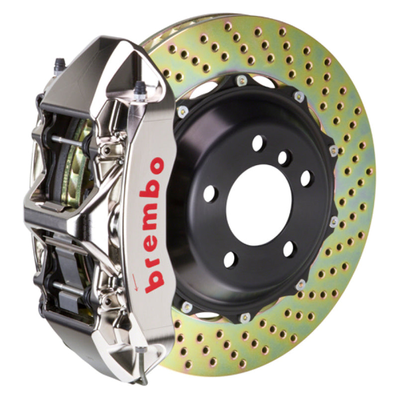 Brembo 05-14 Mustang GT Excl non-ABS Equipped Fr GTR BBK 6Pist Billet 355x32 2pc Rtr Drill-Nickel 1M1.8016AR